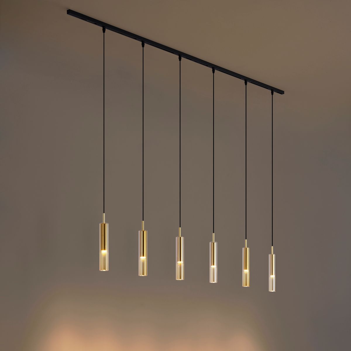 Modern railsysteem zwart met 6 hanglampen goud met amber glas 1-fase - Slimline Loyce