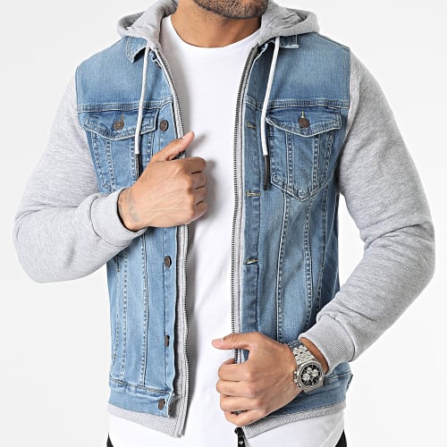 Veste Jean Capuche Bleu Denim Gris Chiné