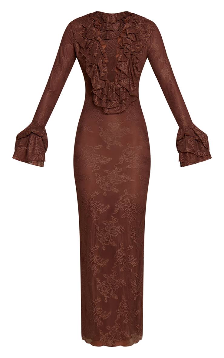 Chocolat Robe Maxi À Col Bénitier Avec Volants Extrêmes Et Détails De Manchettes En Dentelle Transparente Plt Label