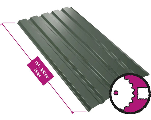 PRECIT trapeziumvormig wandpaneel W35LA, dennengroen RAL 6020, vaste breedte 1070 mm x dikte 0,5 mm (verkocht per meter van 150 tot max. 900 cm)