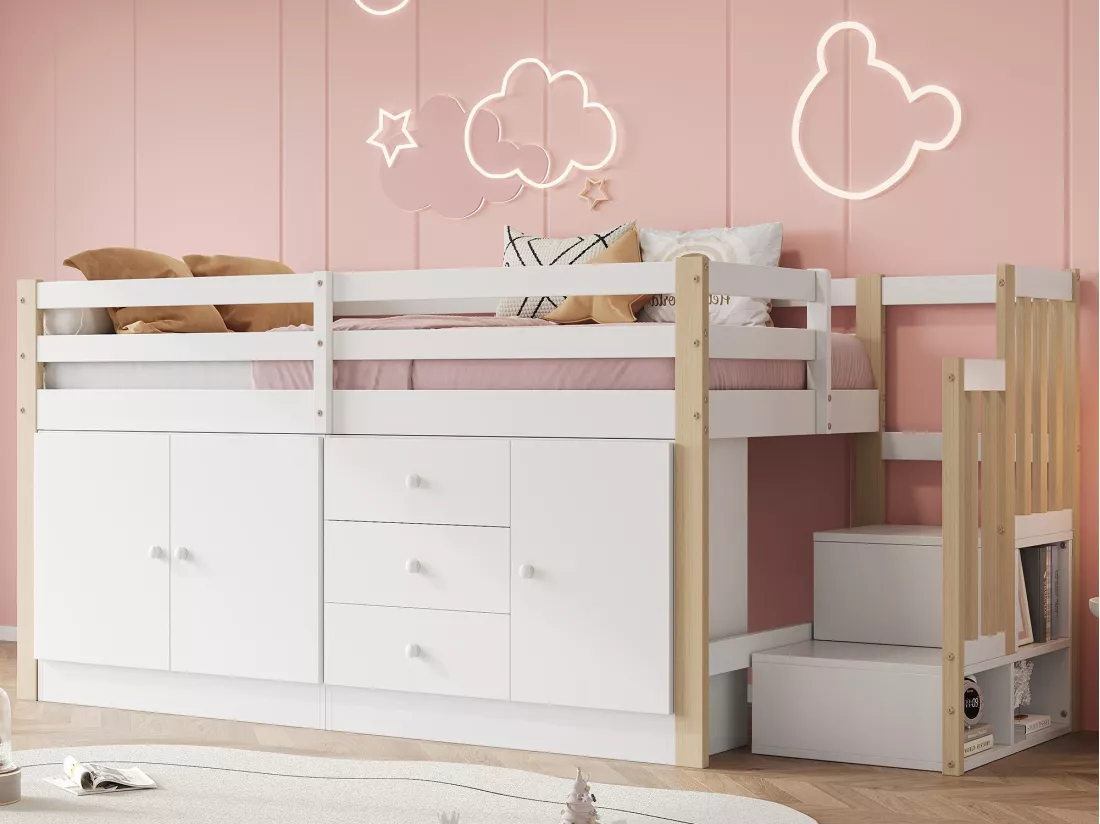 Lit mezzanine pour enfant 90x200 cm - avec armoires et tiroirs - Blanc + Naturel