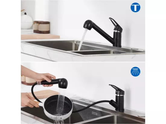 Robinet de Cuisine Noir avec Douchette Extractible 2 Jets Mitigeur Évier à 360° en Laiton Robinetterie avec Monotrou L'eau Froide et Chaude