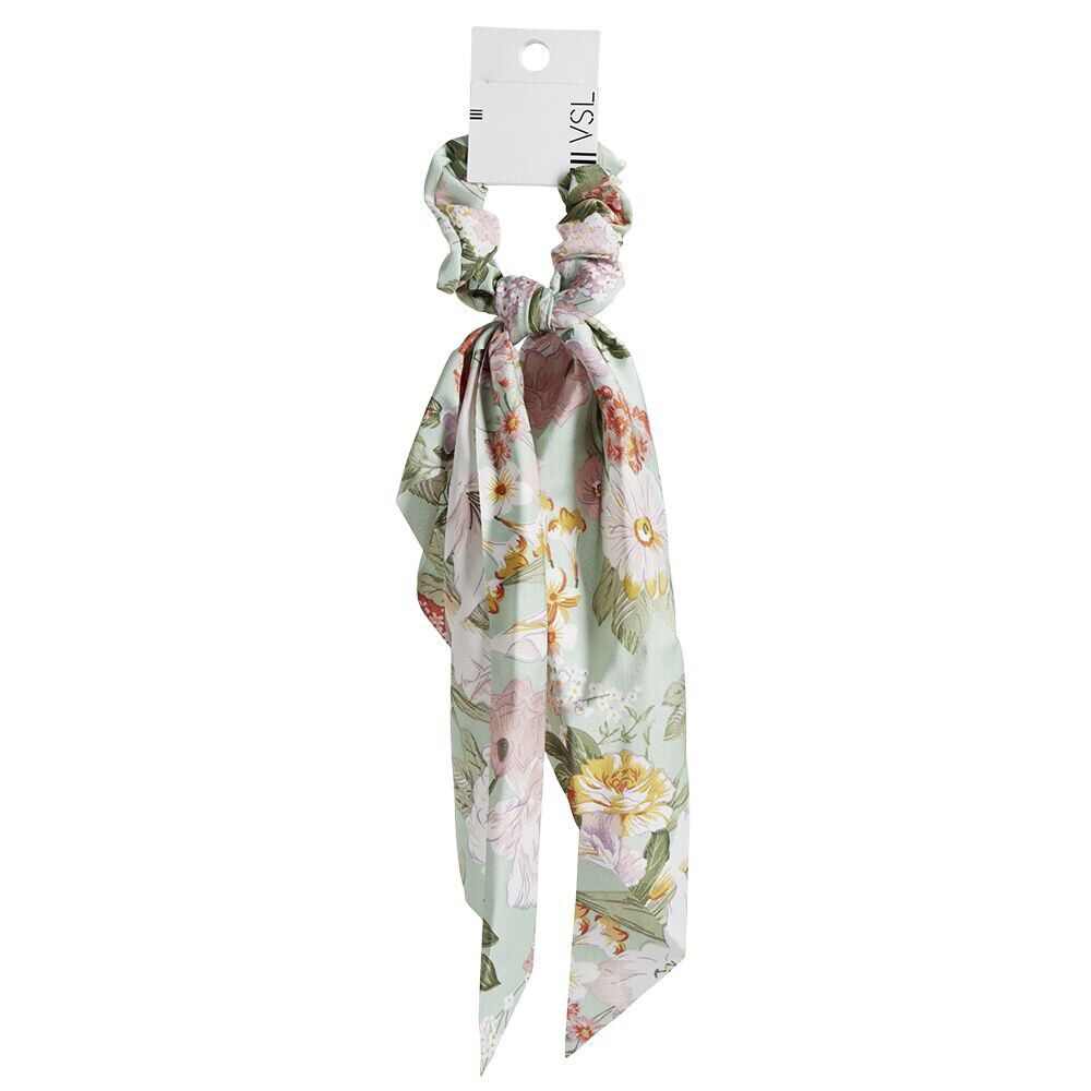 Chouchou foulard vert sauge motif floral orange et rose