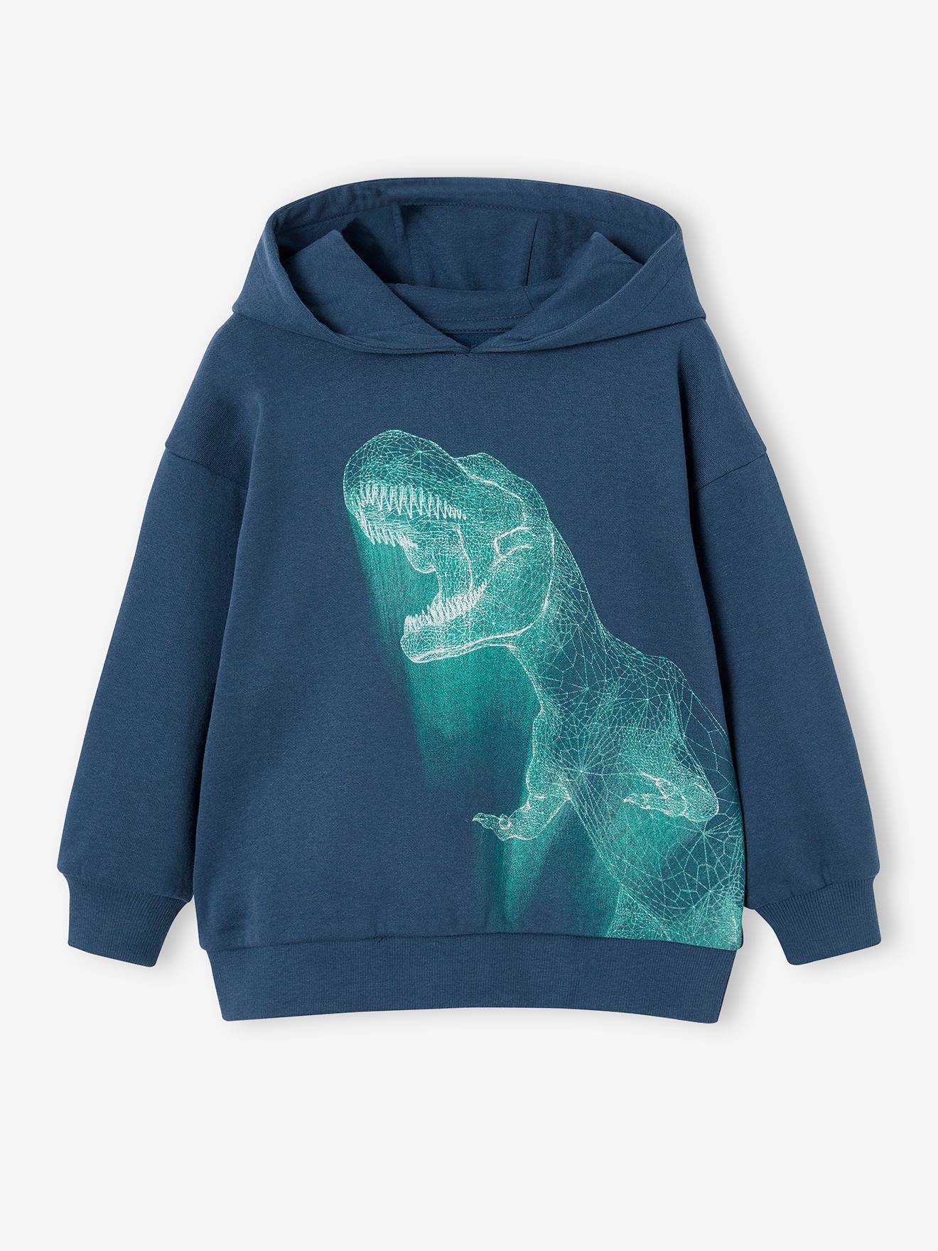 Moletom azul escuro com capuz e estampa de dinossauro neon para meninos