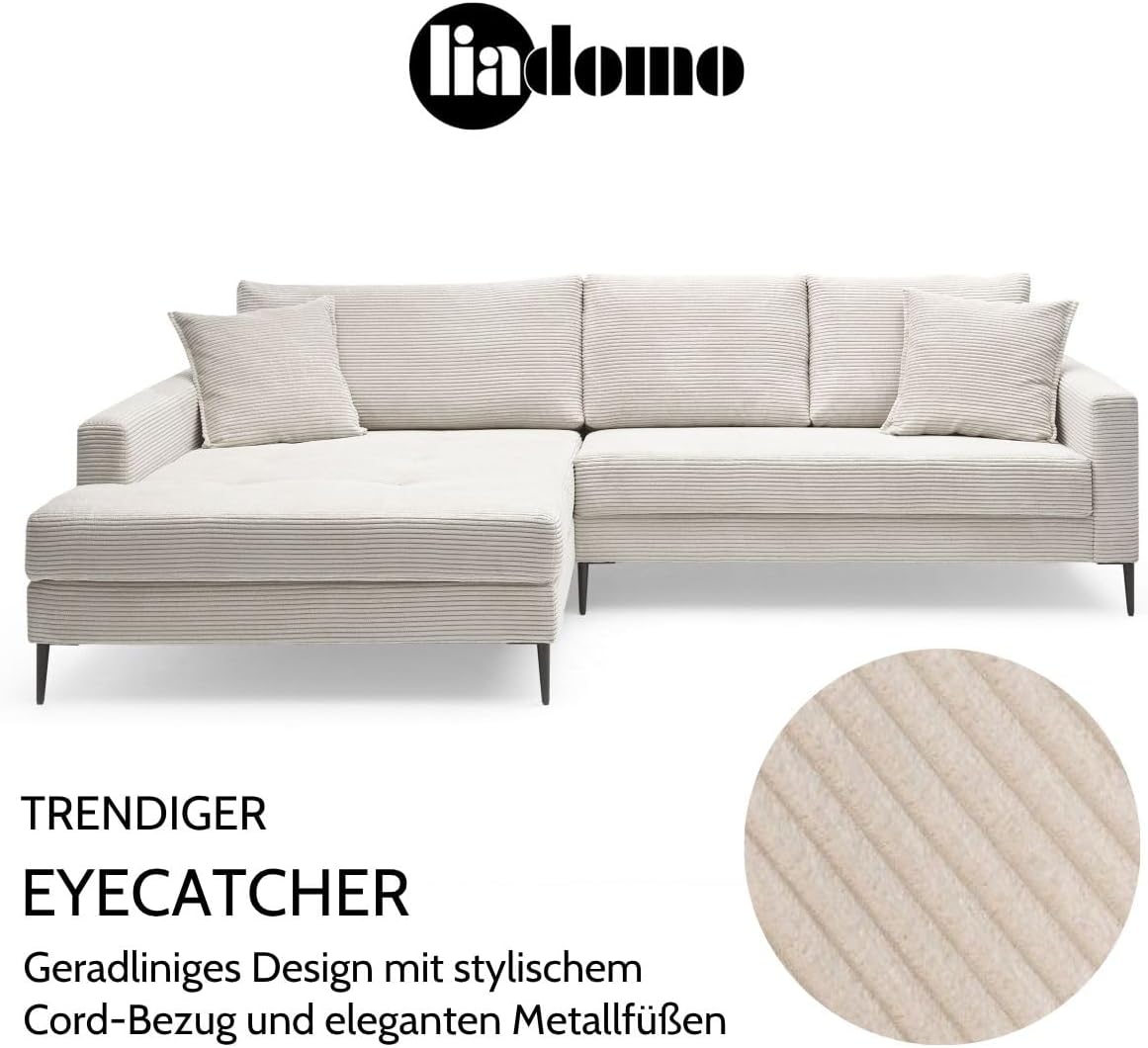 Sofa Hilary Cream, modernes Ecksofa, Cordbezug in Cream, Ottomane Links, Couch mit hohem Sitzkomfort, pflegeleicht & formstabil, Metallfüße, Sofa in L-Form Links, Made in Europe