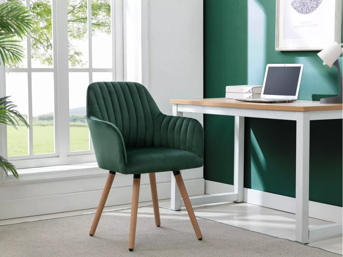 Chaise avec accoudoirs en velours et métal effet bois - Vert foncé - ELEANA