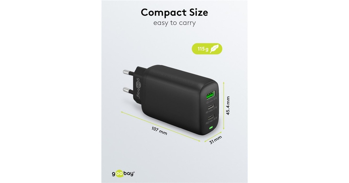 goobayUSB-C PD GaN Multiport snellader (65 W)  (Zwart, 2x USB-C, 1x USB-A, Power Delivery, QuickCharge)