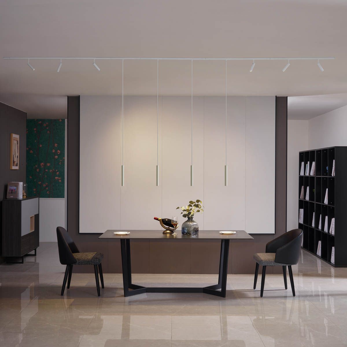 Modern railsysteem met 6 spots en 4 hanglampen beige met wit 1-fase - Slimline Uzzy Keno
