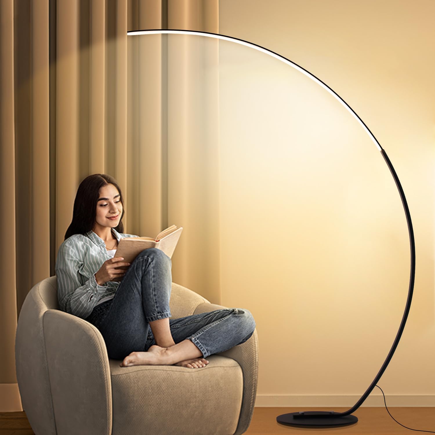 LED Stehlampe Dimmbar Bogenlampe Wohnzimmer, 25W Schwarz Stehleuchte mit Fernbedienung, Modern Bogenleuchte 3 Farbtemperaturen & Memory-Funktion, Ecke Leselampe für Sofa Büro Schlafzimmer, 170CM
