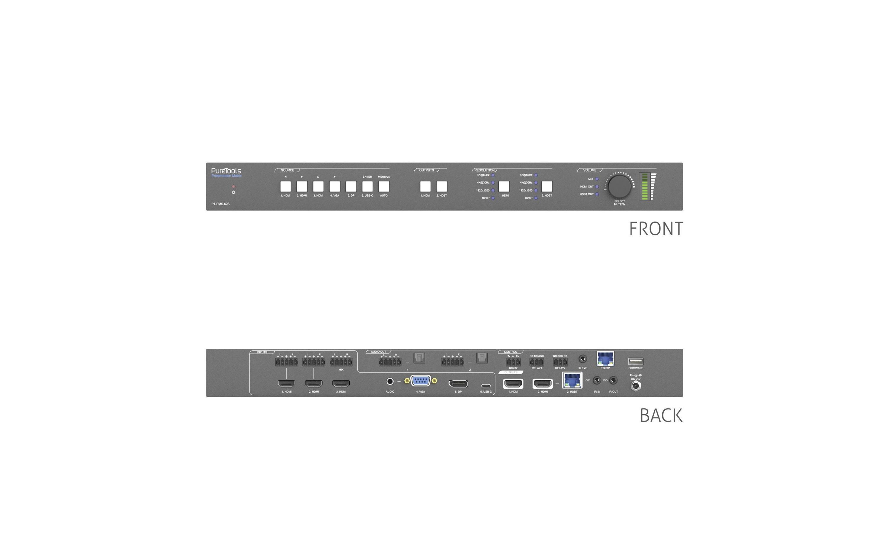 Matrix Switcher PT-PMS-62S Multiformat HDBaseT<br>6x2 4K 18Gbps Seamless Multiformat HDBaseT Presentation Matrix Switcher Set