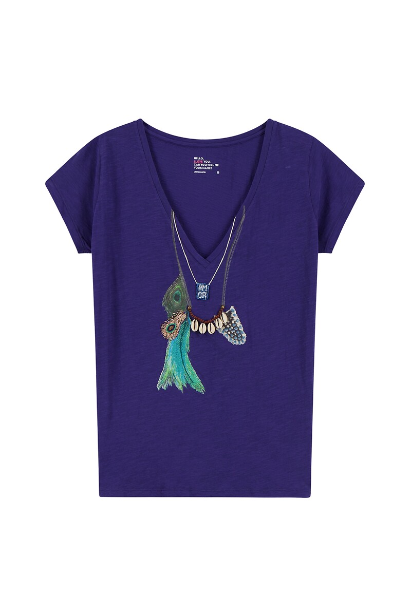 LEON & HARPER<br>TONTON FEATHER Camiseta de manga curta com decote em V bordado