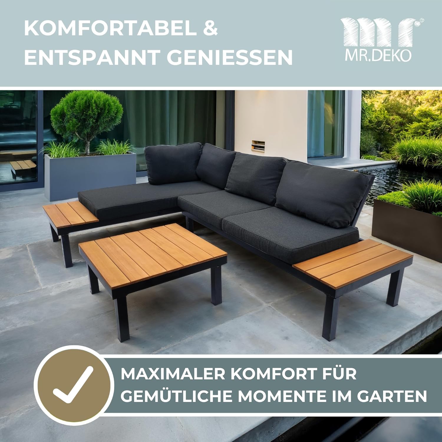 Gartenmöbel Lounge Set Noja, Eukalyptusholz, Aluminium, Naturfarben, mit Tisch und Kissen | Sitzecke aus Holz und Aluminium | Möbel wetterfest für Balkon, Garten, Terrasse