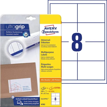Avery Zweckform 4782 Universal-Etiketten,A4 mit ultragrip,97 x 67,7 mm, 30 Bogen/240 Etiketten, weiß