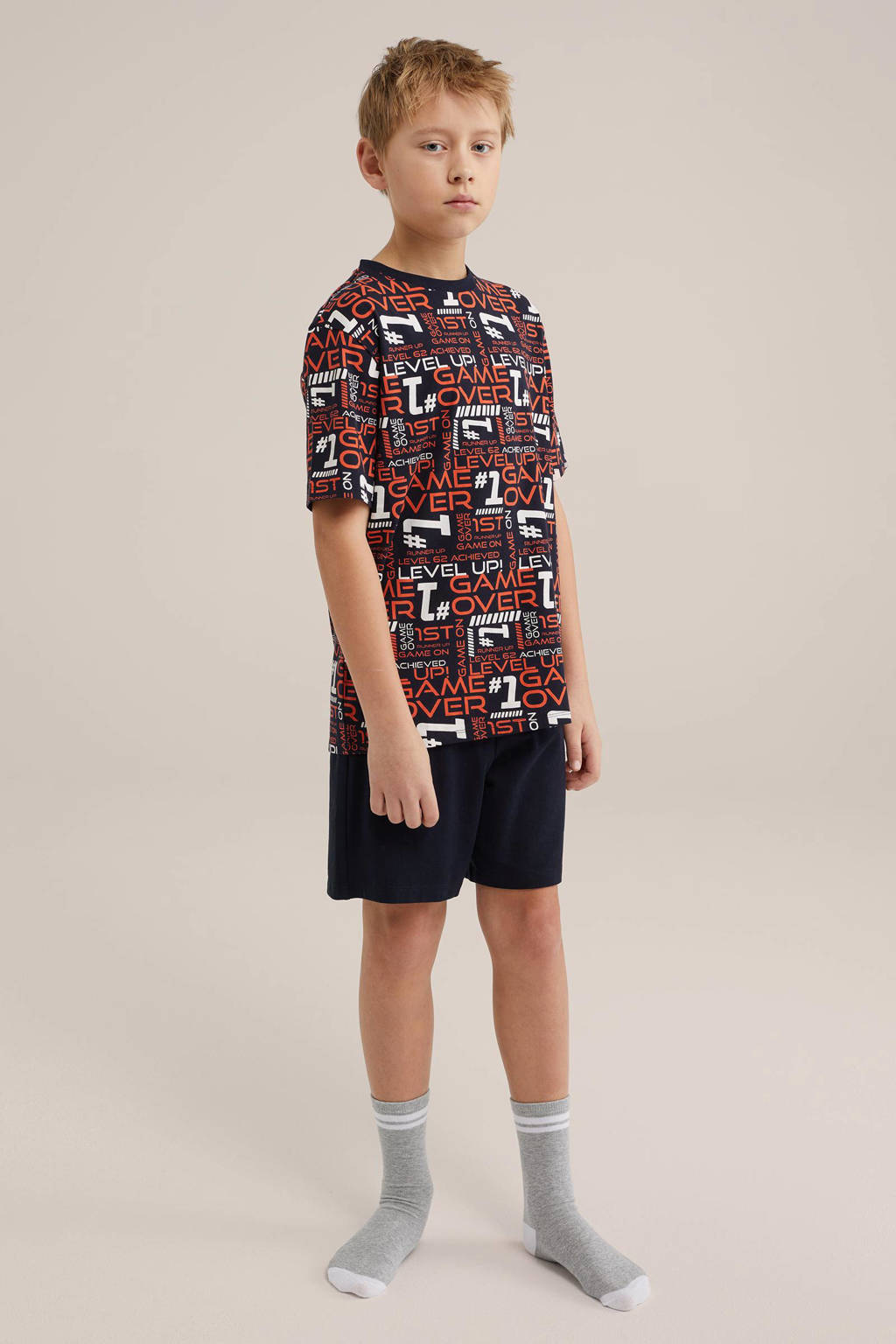 WE Fashion shortama met all over print donkerblauw/oranje