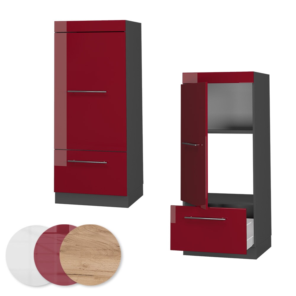 Vicco Mikrowellenumbauschrank Küchenschrank Küchenmöbel Fame-Line Anthrazit Bordeaux Rot 60 cm modern Hochglanz Küche Einbauküche Blende Hochschrank Schublade Mikrowelle Backofen Küchenzeile