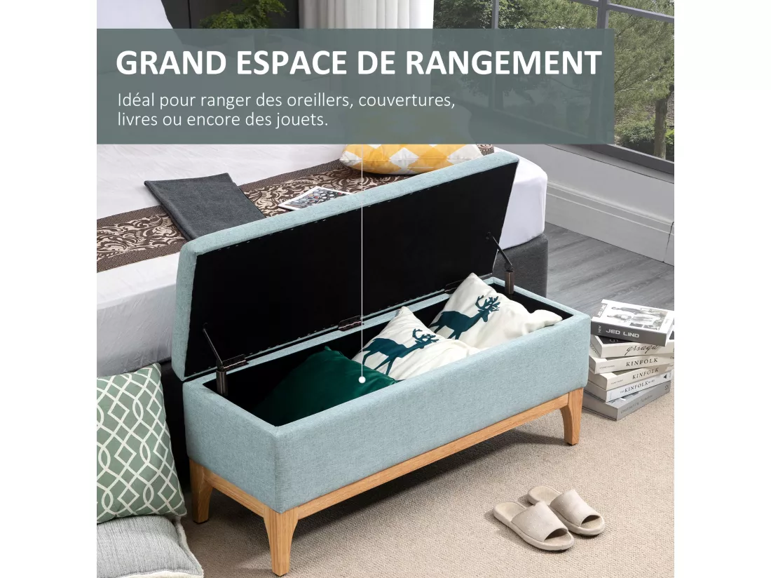 HOMCOM Banquette coffre de rangement 2 en 1 style scandinave dim. 110L x 39l x 45H cm tissu vert d'eau