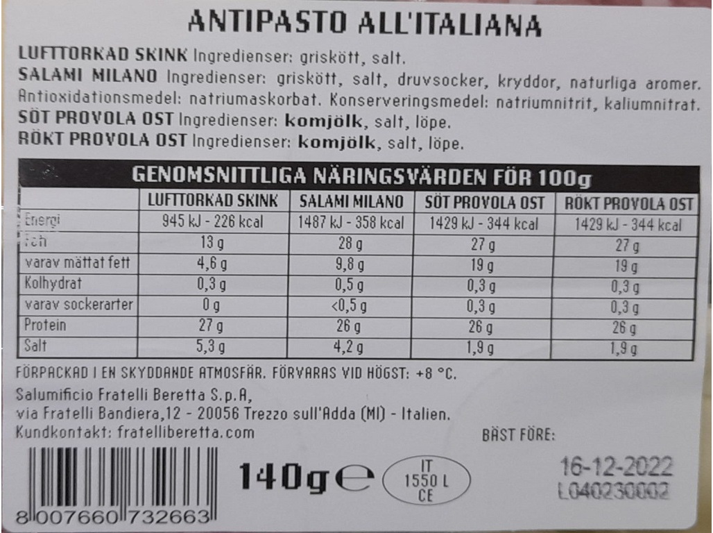 TABUA DE CHARCUTARIA BERETTA ITALIANA 140G
