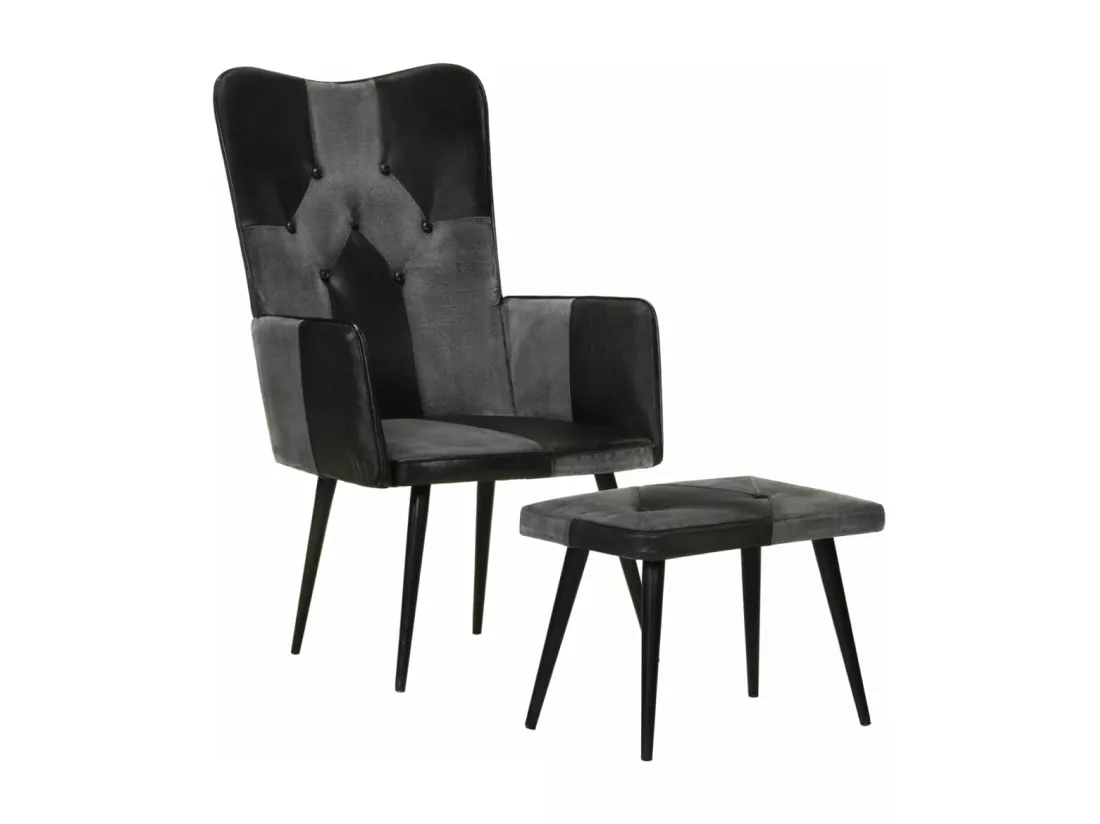 Fauteuil avec repose-pieds Noir Cuir véritable et toile