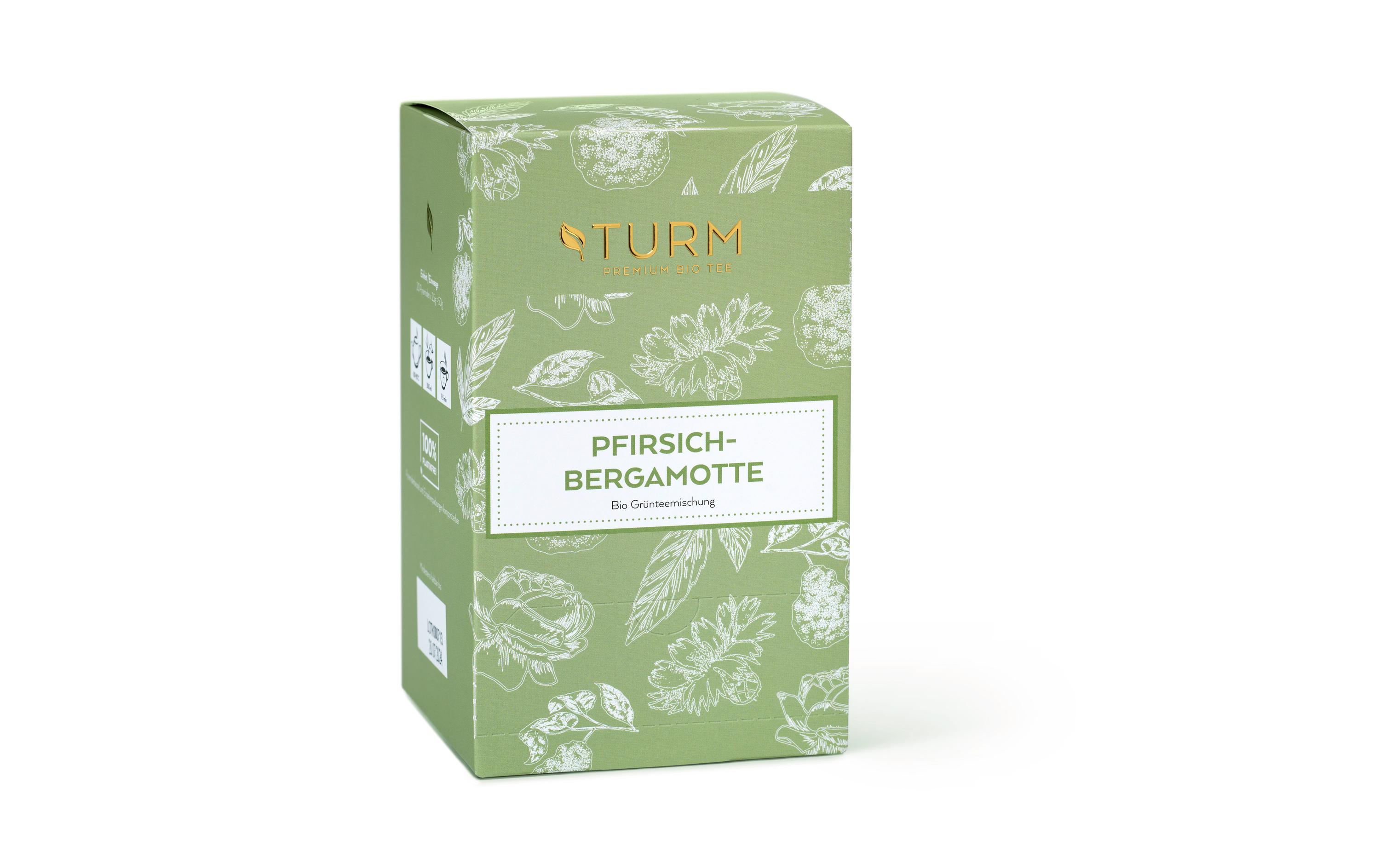 Teebeutel Bio Pfirsich-Bergamotte Grüntee 20 StückPyramidenbeutel mit Grünteemischung und Pfirsich-Bergamotte-Geschmack