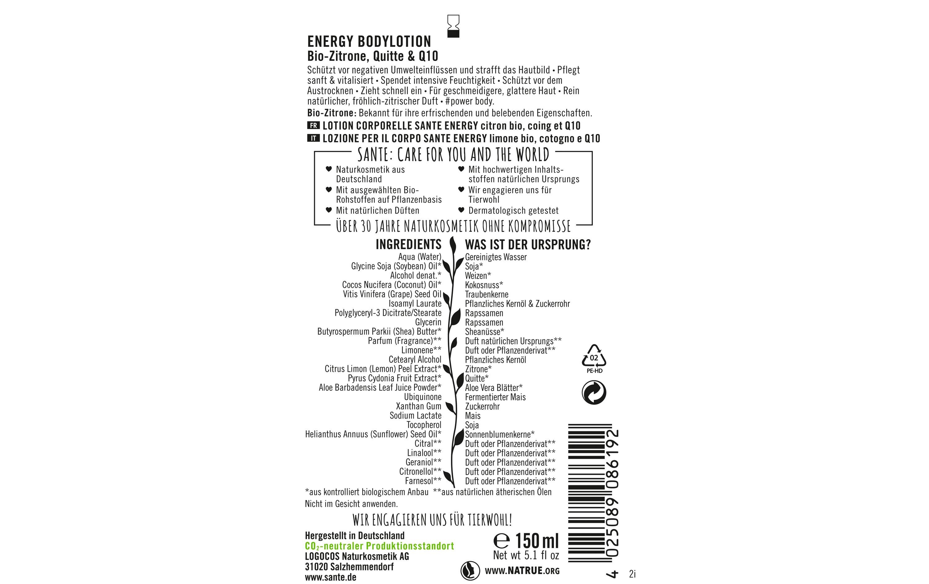 Body Lotion Energy Zitrone Quitte 150 ml1 StückNatürliche Körperlotion mit Bio-Zitrone, Quitte und Q10