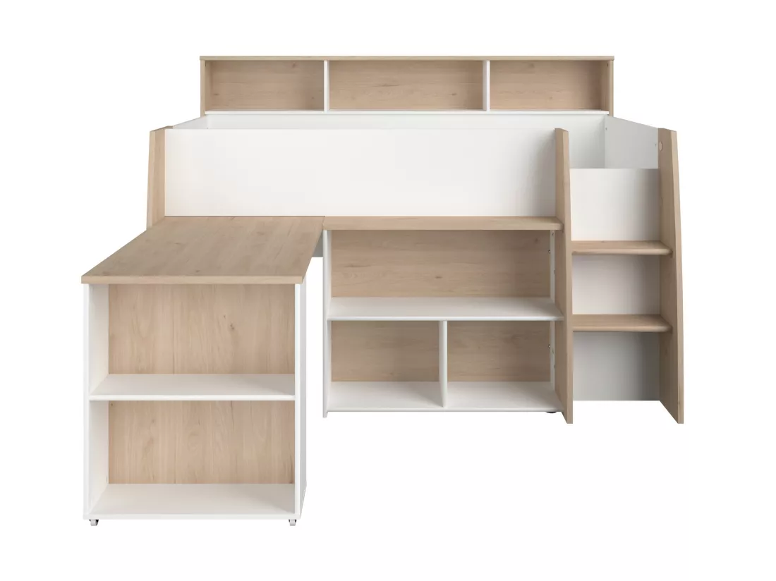Lit combiné 90 x 200 cm avec bureau et rangements - Blanc et naturel + Matelas - APOLINO