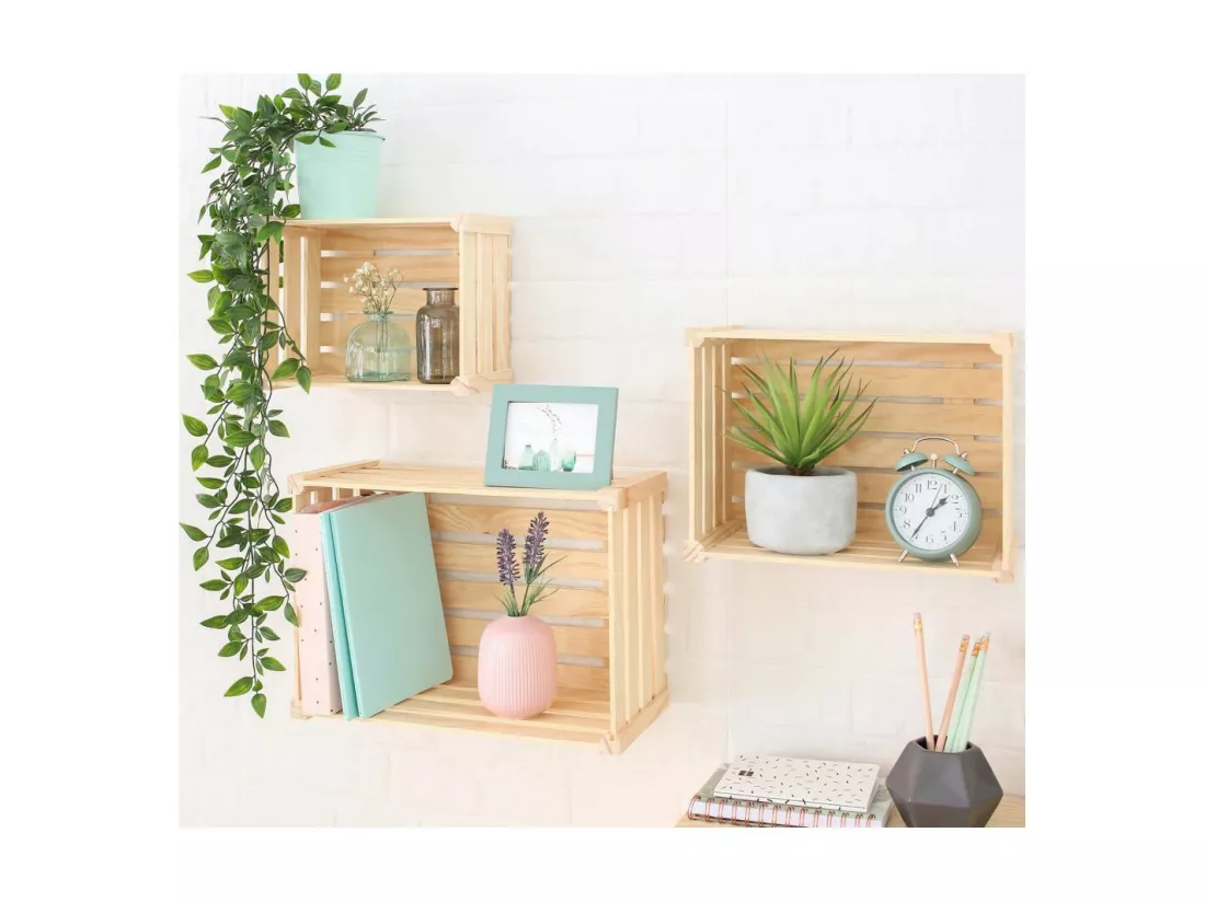 Caisse de rangement en pin brut (Lot de 3)