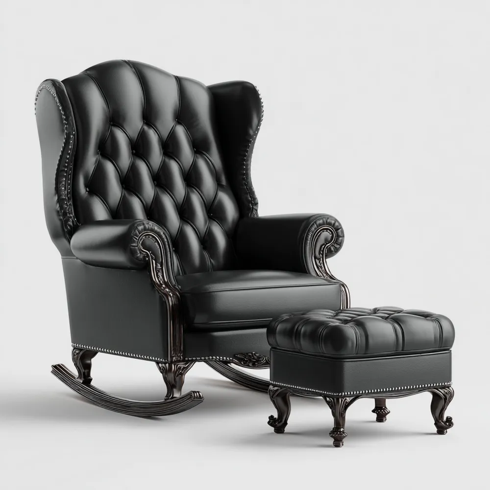 Schaukelstuhl mit Hocker - Leder 105x90x100 cm – Schwarz – Klassisches