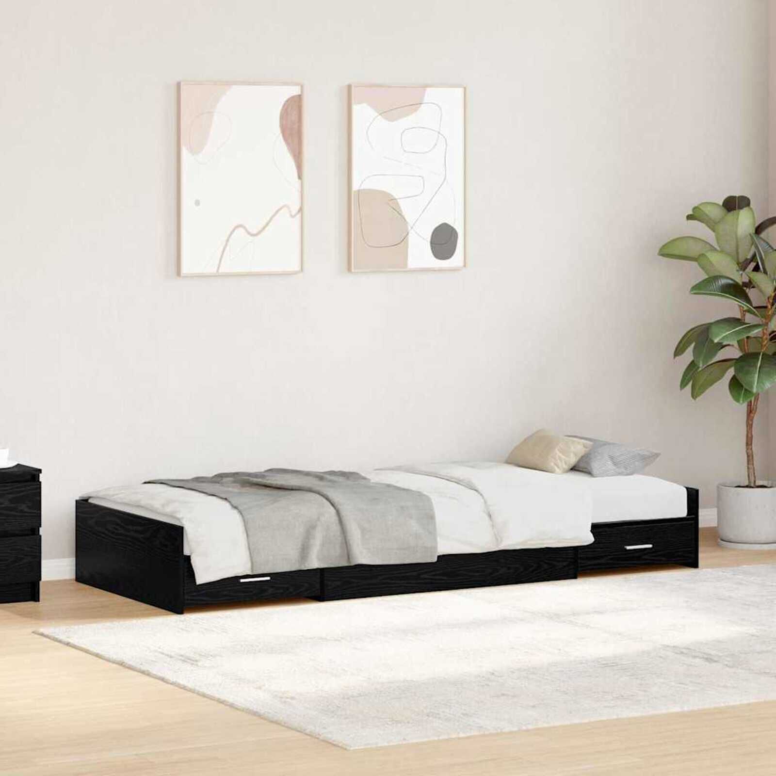 Zwart eikenhouten bedframe met opbergruimte 75 x 190 cm