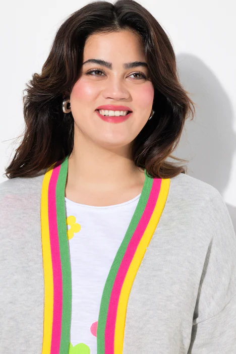 Long-Strickjacke, Straight Fit, Neon-Rippbündchen, hellgrau mélange