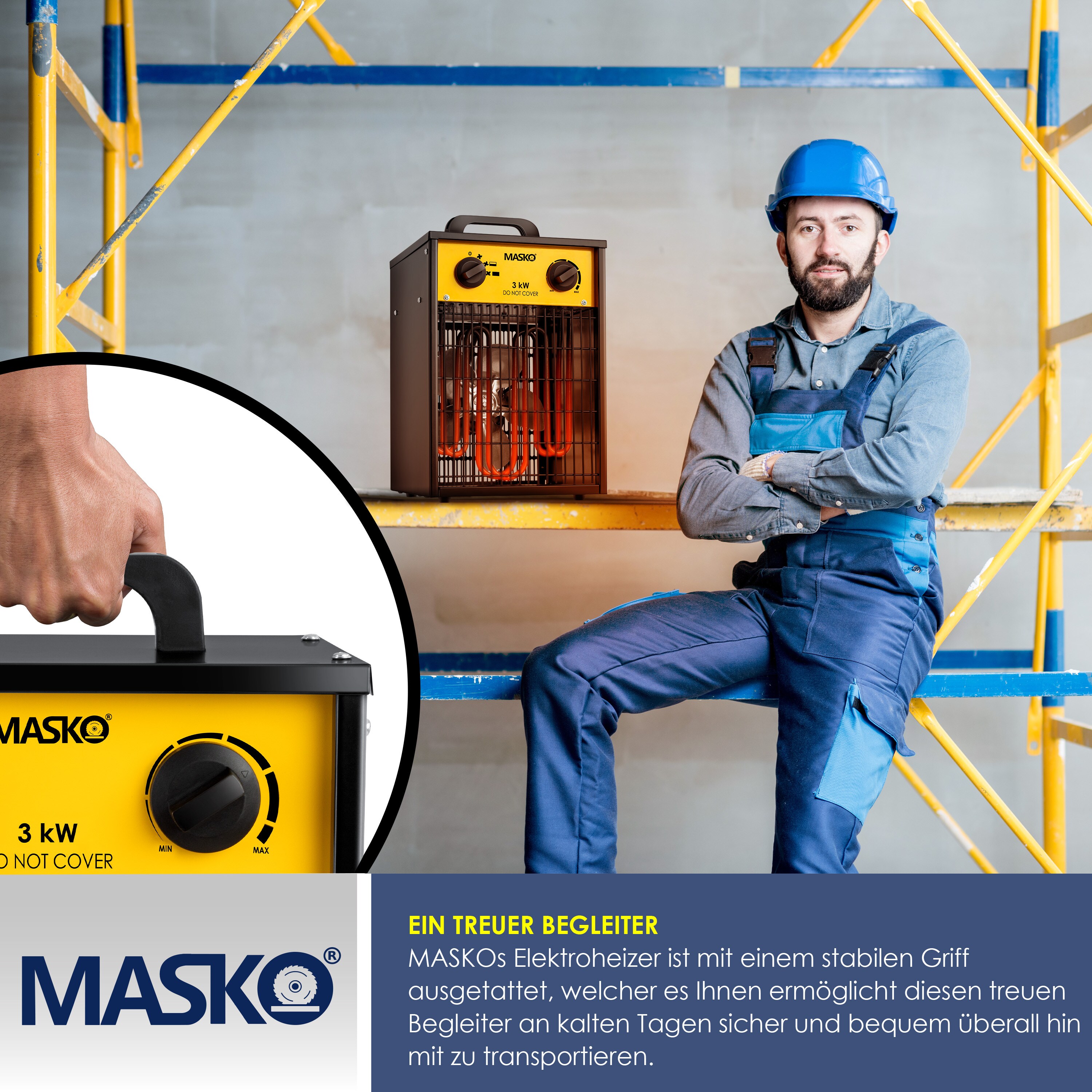 MASKO® Elektroheizer Heizlüfter Bauheizer mit integriertem Thermostat elektrisch Heizgerät mit 3 Heizstufen Heizgebläse für Innen- und Außeneinsatz Überlastschutz Elektroheizgebläse