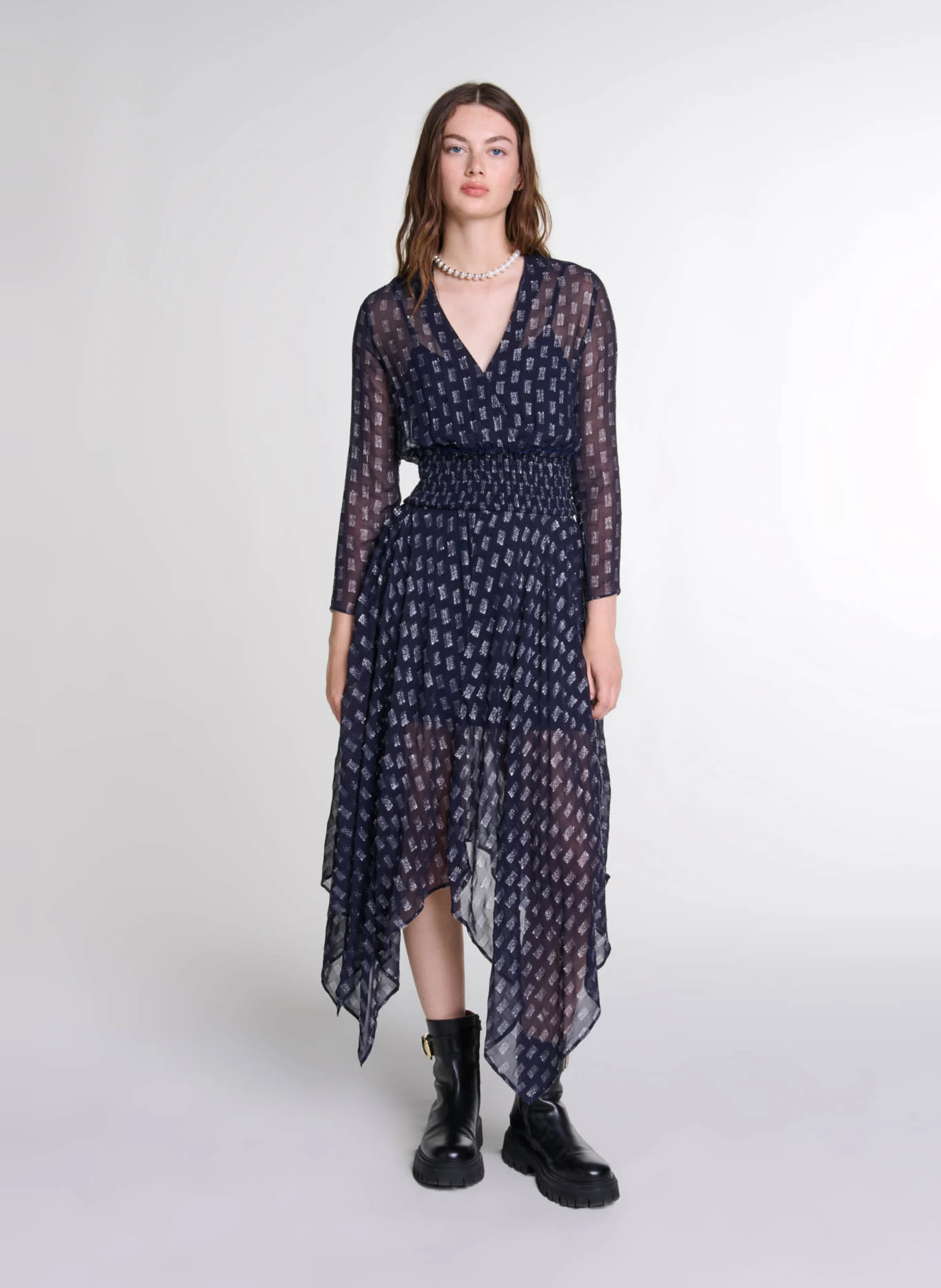 Robe longue cintrée col V | Bleu