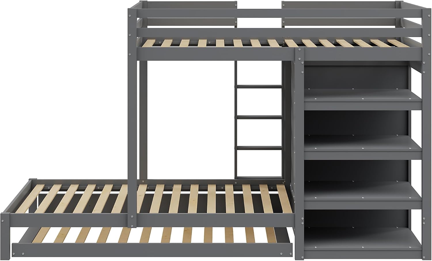 Etagenbett 90 x 200cm,Jungenbett aus Massivholz mit Ausziehbett 90x190cm, multifunktionales Kinderbett mit Kleiderschrank, Schubladen und Ablagefach (Grau)