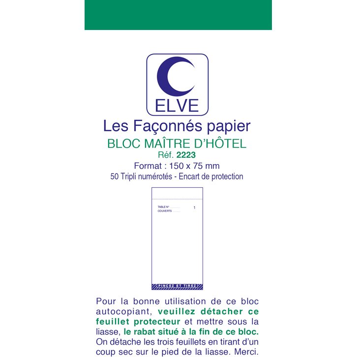 Bloc maître d’hôtel 50 feuillets 50/3 autocopiant Elve - 75x150 mm