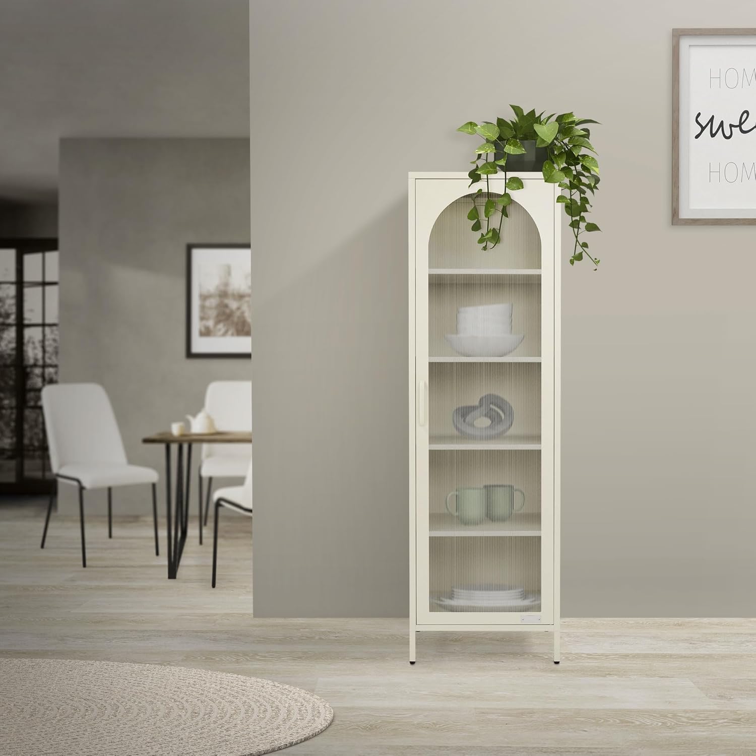 ML-Design Vitrinenschrank 45x145x35 cm, Creme, Schmale Vitrine mit 5 Ablagen und 1 Tür, Metallschrank aus Stahl, Küchenschrank Aktenschrank Büroschrank, Hochschrank für Esszimmer, Wohnzimmer, Büro