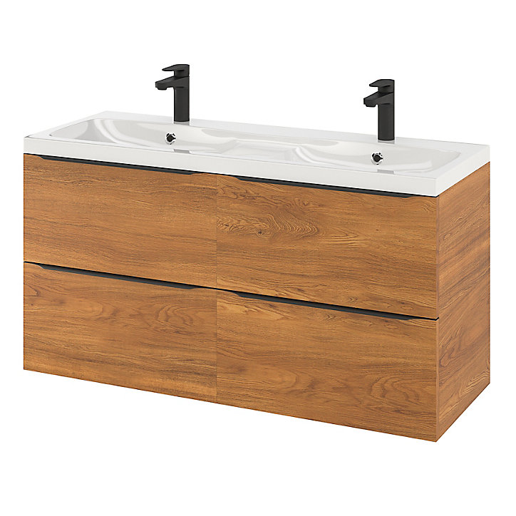 Ensemble salle de bains l.120 cm meuble à suspendre Imandra décor noyer + plan double vasque résine blanc