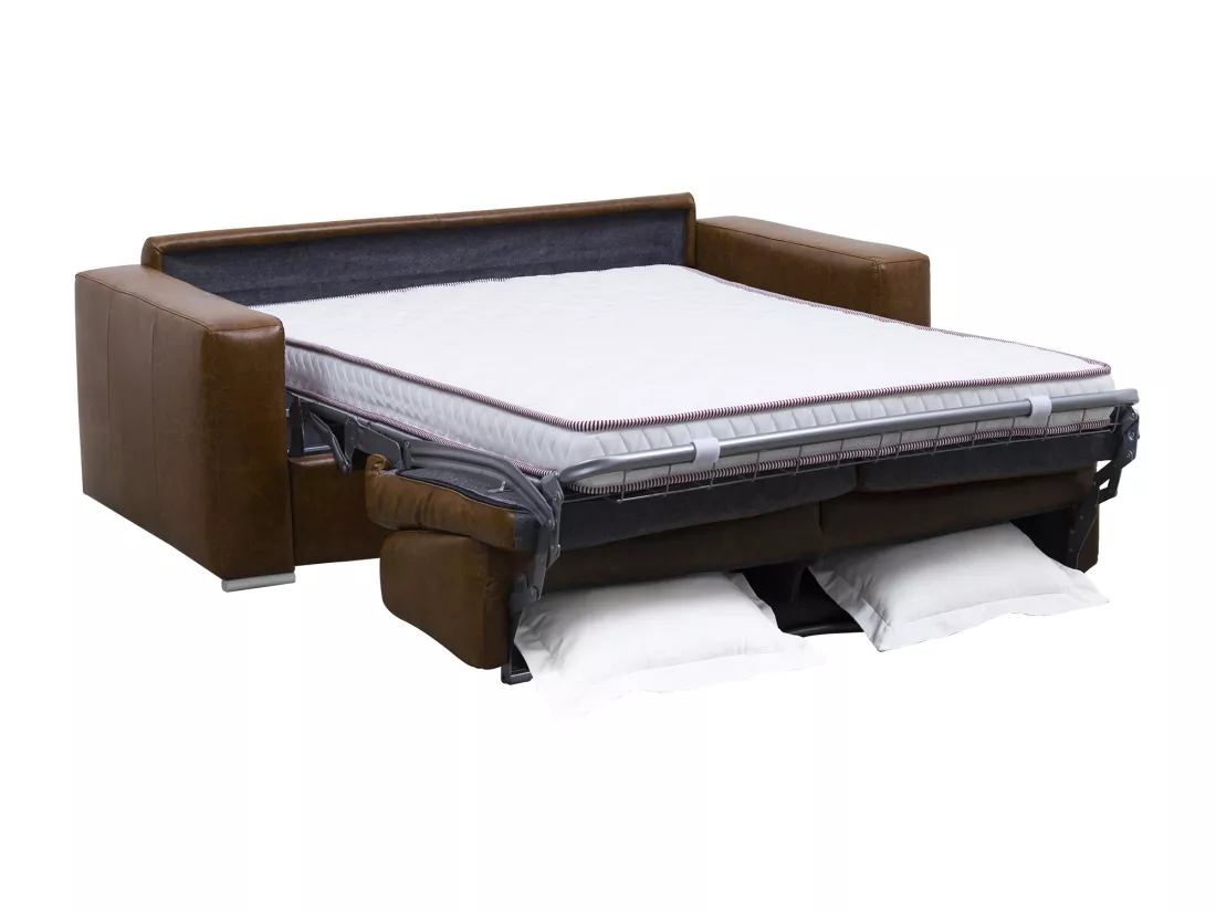 Canapé 3 places convertible express 100% cuir de buffle vintage caramel matelas 16cm DELECTEA II