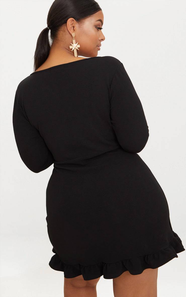 Noir Robe Portefeuille Grande Taille À Manches Longues Et Volants