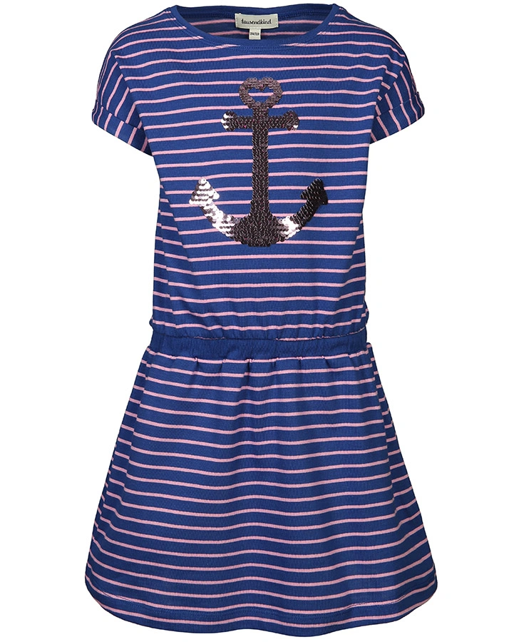 Kurzarm-Kleid ANKER mit Wendepailletten gestreift in blau/pink