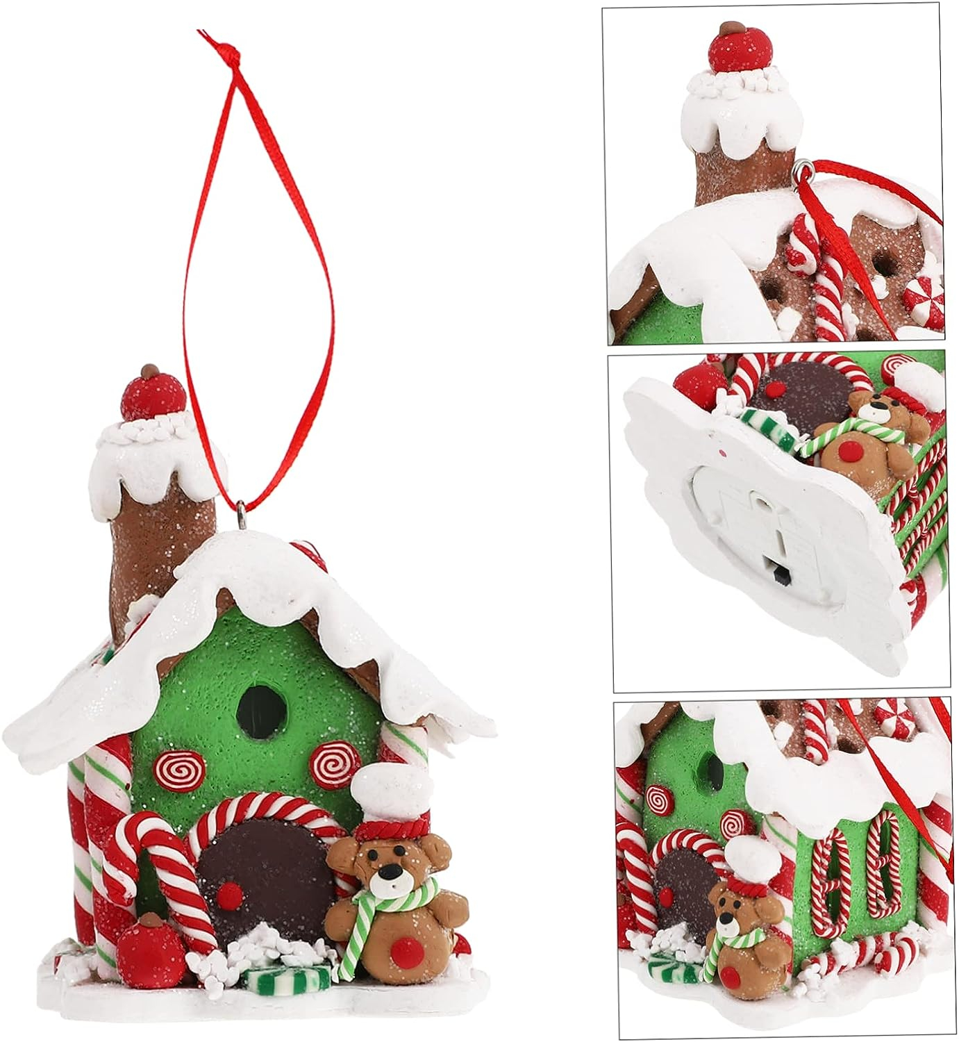(3er Set) LED Christbaum Schmuck Weihnachtsbaum Deko Ornamente (inkl. LR44 Batterien) - Lebkuchenhaus Rot