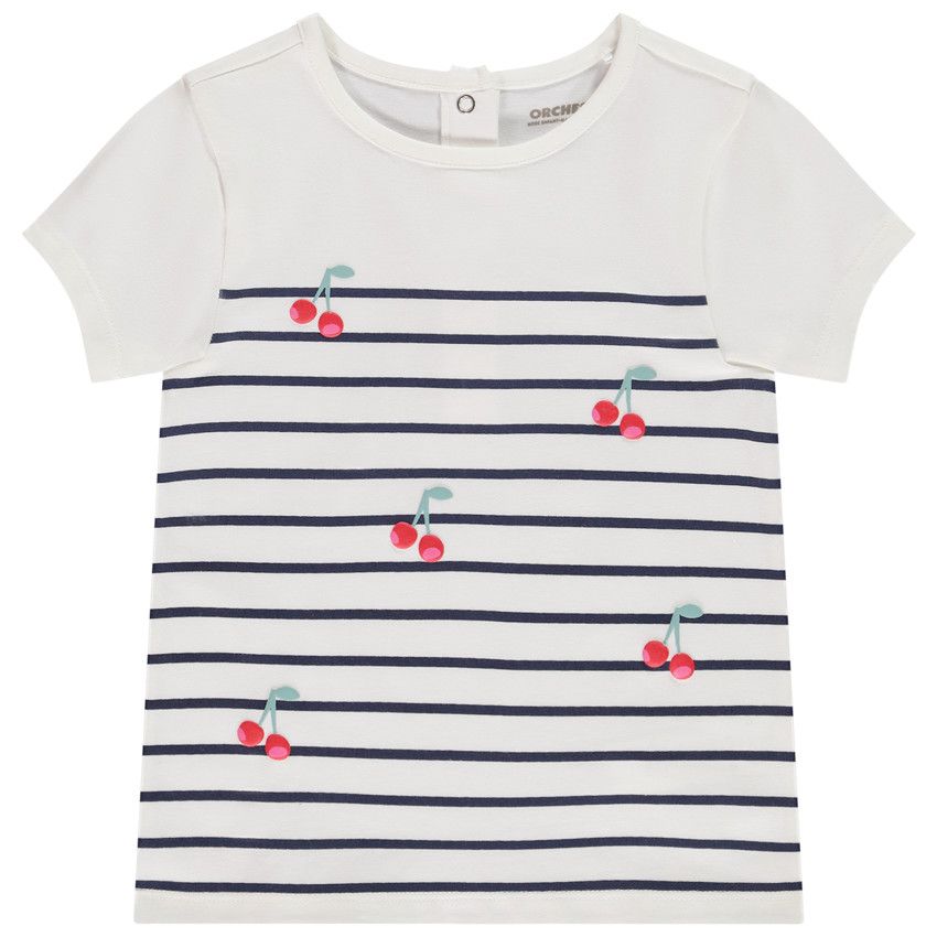 T-shirt manches courtes type marinière fantaisie pour bébé fille - Ecru