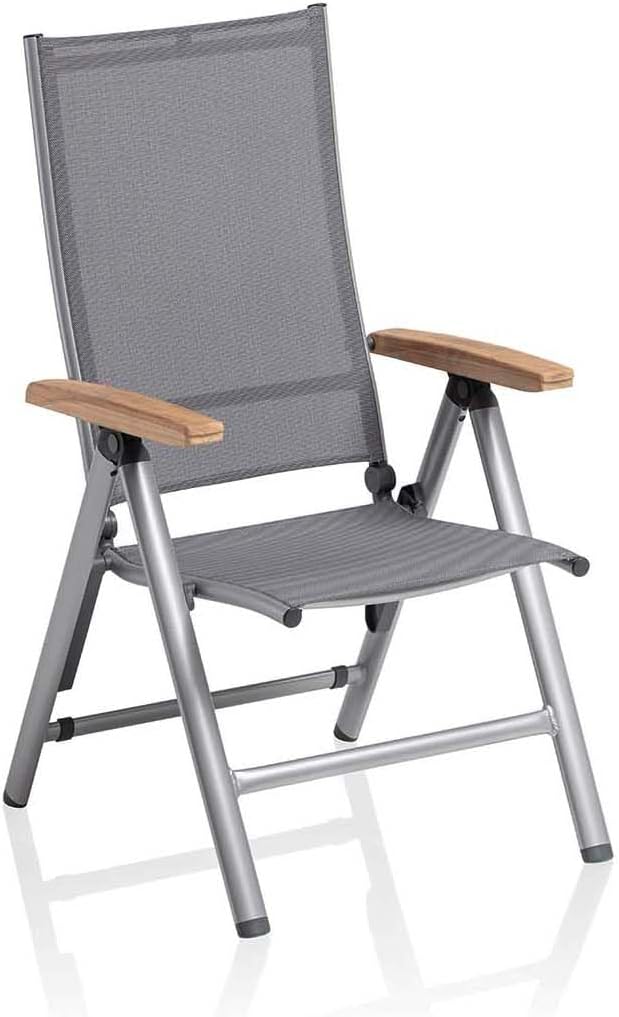 KETTLER Cirrus mehrfach Verstellbarer Multipositionssessel | Gartensessel Gestell Silber | wetterfestes Outdoorgewebe anthrazit-grau | Gartenstuhl mit Armlehne aus zertifiziertem Teak-Holz