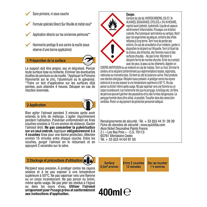 Peinture extérieure aérosol métal direct sur rouille Hammerite satin noir 400ml
