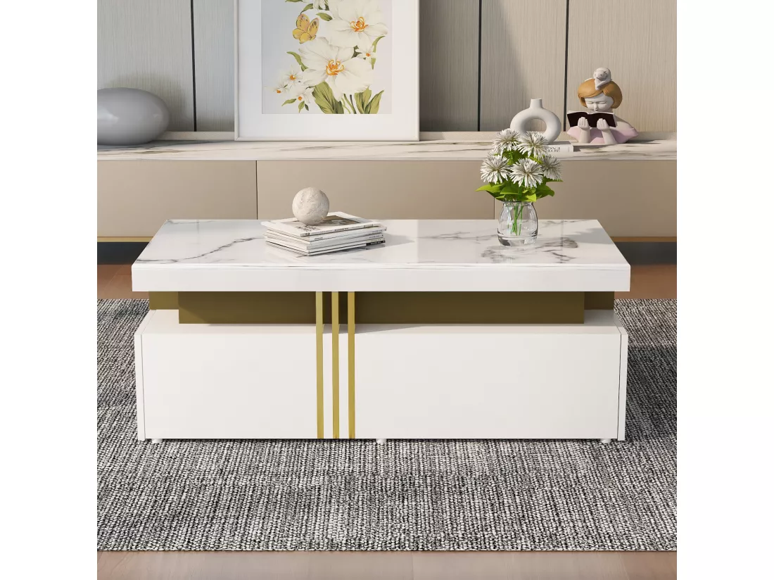 Table basse rectangulaire moderne avec plateau brillant avec 2 tiroirs en bois, plateau marbré, pour salon, 100x50x40 cm, blanc