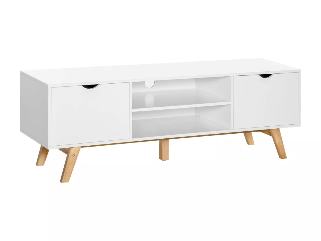 Meuble TV bas sur pied style scandinave 2 portes 2 niches passe-fils panneaux particules MDF blanc bois massif hévéa