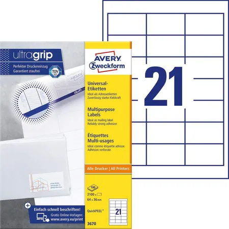 Avery Zweckform 3670 Universal-Etiketten,A4 mit ultragrip,Adressaufkleber 64 x 36 mm, 100 Bogen/2.100 Etiketten, weiß