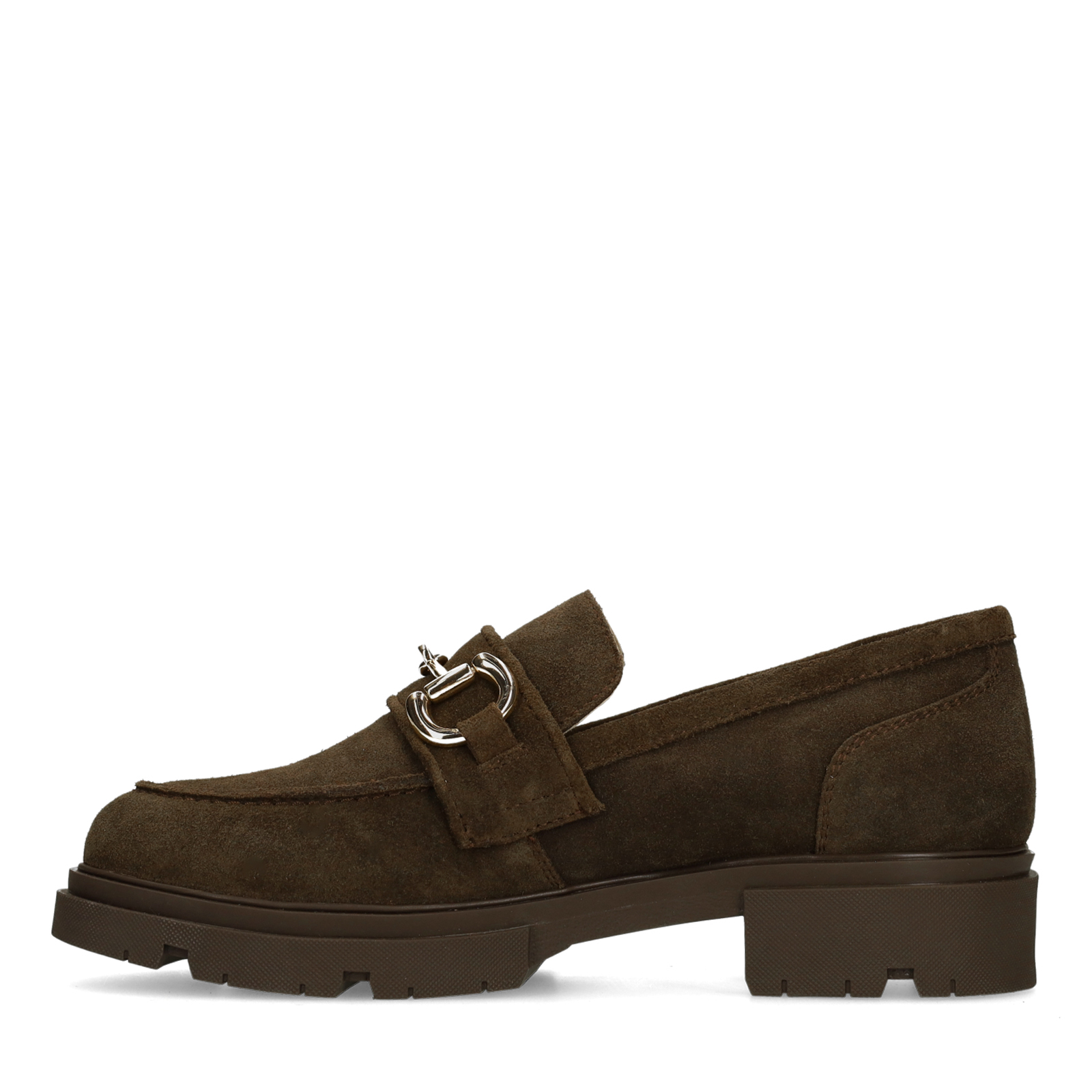 Bruine suède loafers met goudkleurig detail