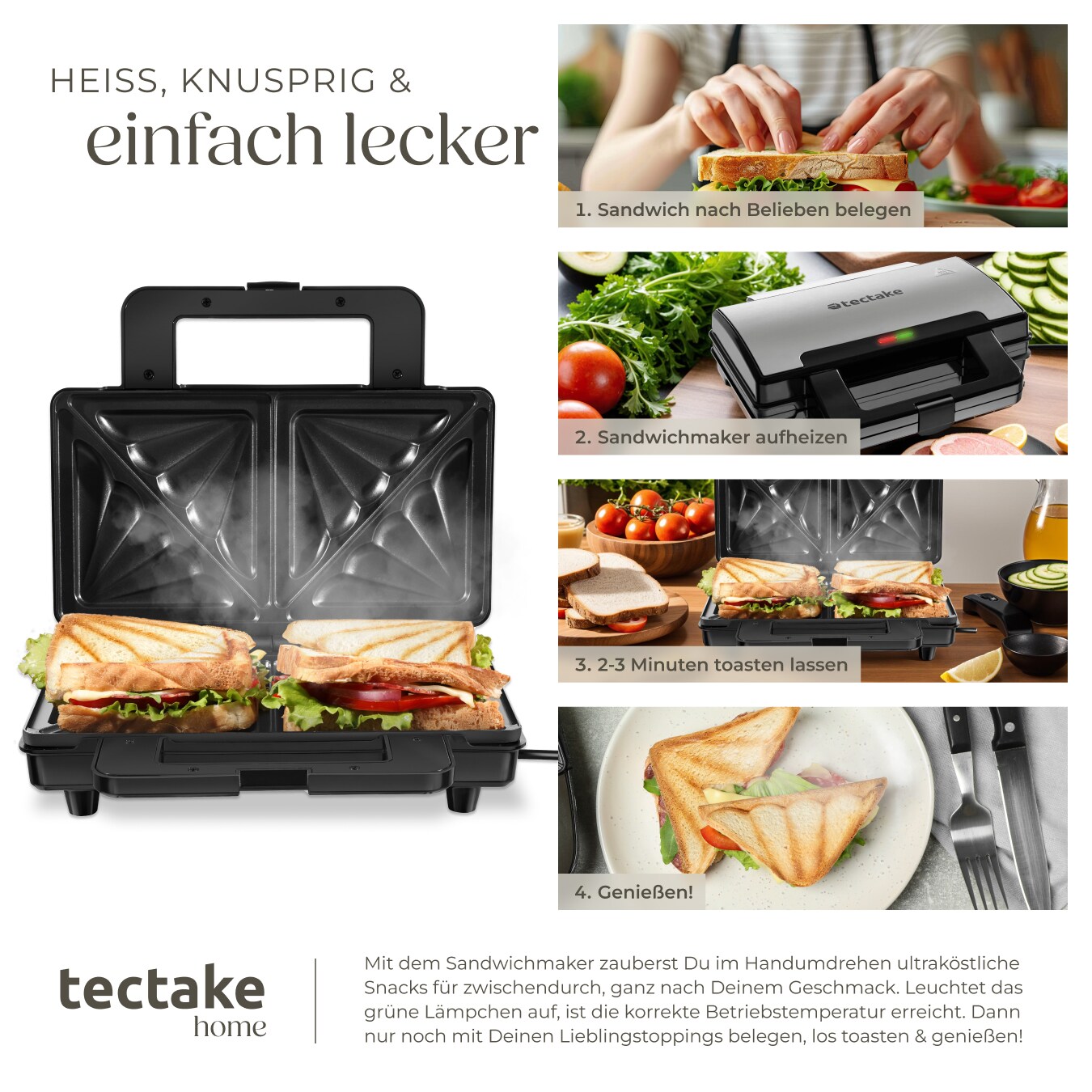 tectake® Sandwichmaker, hitzebeständiges Aluminium-Gehäuse, 1000 W, automatische Temperaturregelung, rutschfeste Füße, 29 x 24,5 x 10 cm