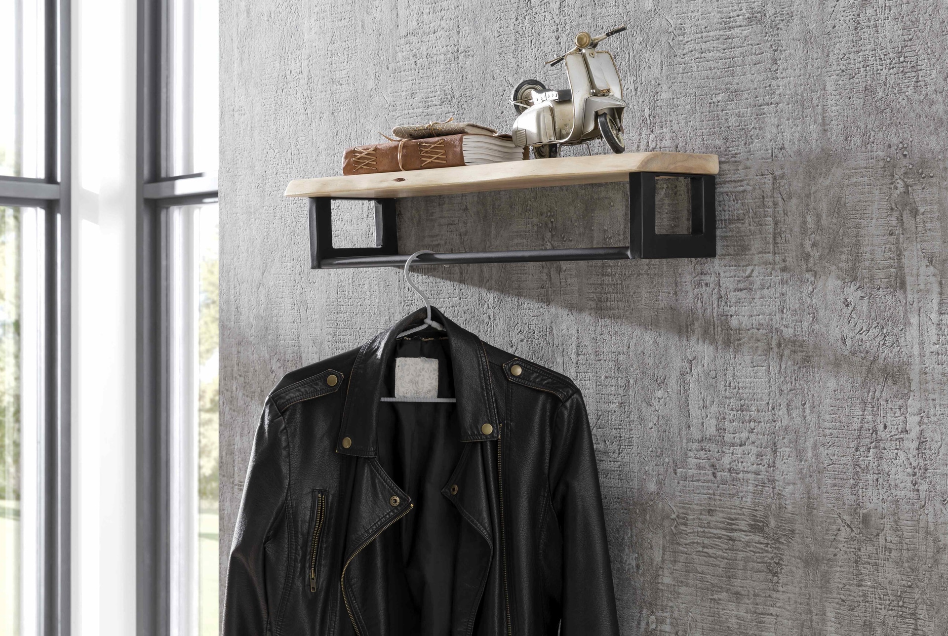 Wandgarderobe/Wandregal 61 x 13 cm Akazie mit Baumkante natur/schwarz