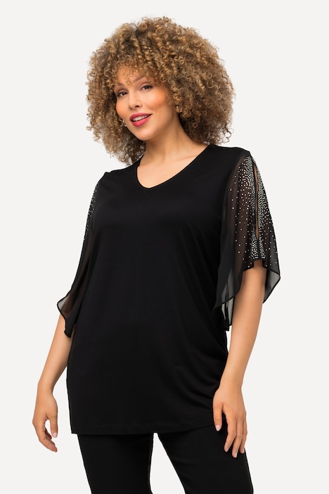 Tunika, Glitzersteinchen, A-Linie, V-Ausschnitt, 3/4-Arm