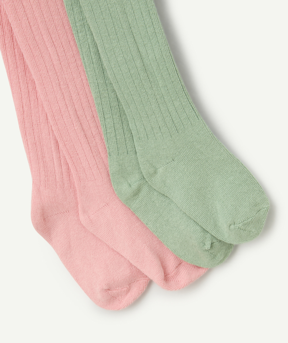lot de 2 collants fille rose et vert côtelés
